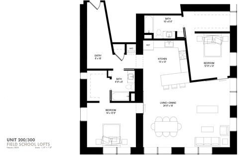 Floor plan for 2 beds, 2 baths, 1416 sqft